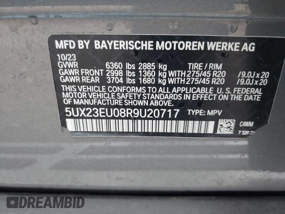 2024 BMW X5 xDrive40i with VIN 5UX23EU08R9U20717, listed as a IAAI auction lot 42392632 with 42,085 mi miles and . Bid and sale history available at DreamBid. Image 9.
