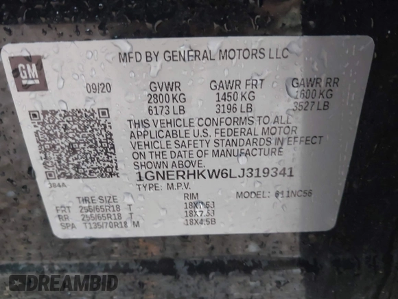 2020 Chevrolet Traverse LT with VIN 1GNERHKW6LJ319341, listed as a IAAI auction lot 41906357 with 84,653 mi miles and . Bid and sale history available at DreamBid. Image 9.