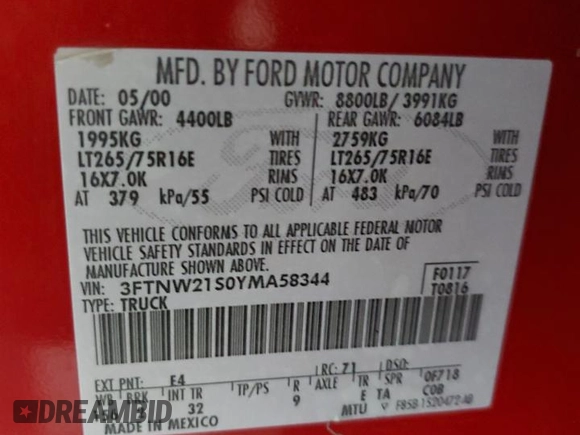 2000 Ford F-250 with VIN 3FTNW21S0YMA58344, listed as a Copart auction lot 69419204 with 108,262 mi miles and Salvage title. Bid and sale history available at DreamBid. Image 12.