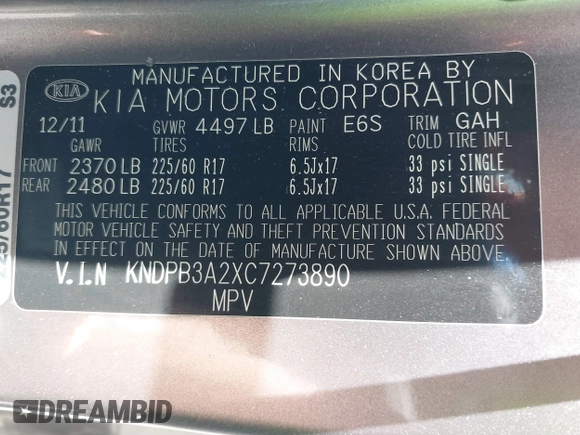2012 Kia Sportage LX with VIN KNDPB3A2XC7273890, listed as a IAAI auction lot 39784243 with 146,067 mi miles. Bid and sale history available at carsss.com. Image 9.
