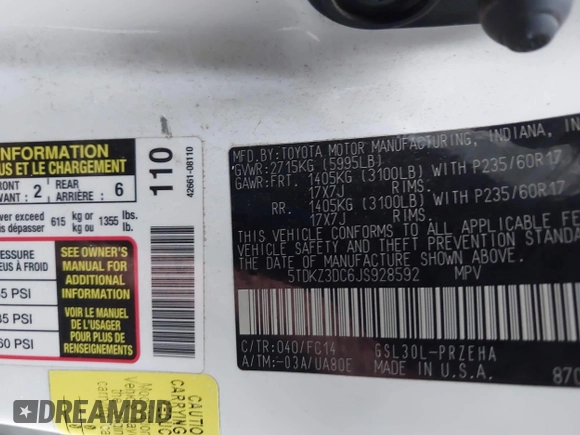 2018 Toyota Sienna LE Auto Access Seat with VIN 5TDKZ3DC6JS928592, listed as a IAAI auction lot 41421831 with 112,390 mi miles. Bid and sale history available at carsss.com. Image 9.