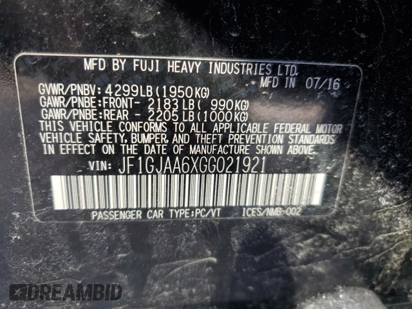 2016 Subaru Impreza z VIN JF1GJAA6XGG021921, wystawiony jako Copart lot #45963545 z przebiegiem Nie podano mil oraz Szkoda całkowita • Salvage title. Historia ofert i sprzedaży dostępna na DreamBid. Obrazek 12.