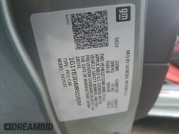 2024 Chevrolet Corvette 2LT z VIN 1G1YB3D40R5119204, wystawiony jako Copart lot #43156375 z przebiegiem 4 444 mil mil oraz Czysty tytuł • Clean title. Historia ofert i sprzedaży dostępna na DreamBid. Obrazek 14.