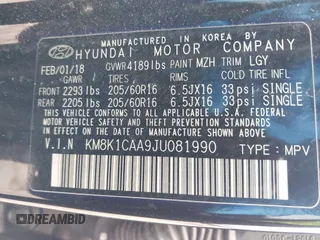 2018 Hyundai Kona SE with VIN KM8K1CAA9JU081990, listed as a IAAI auction lot 41641172 with 79,396 mi miles. Bid and sale history available at carsss.com. Image 9.