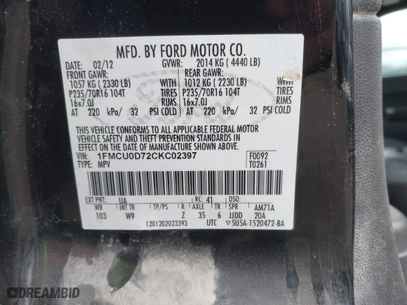 2012 Ford Escape XLT with VIN 1FMCU0D72CKC02397, listed as a IAAI auction lot 42042886 with 261,627 mi miles. Bid and sale history available at carsss.com. Image 9.