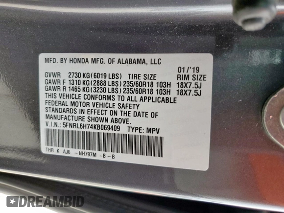 2019 Honda Odyssey EX-L with VIN 5FNRL6H74KB069409, listed as a Copart auction lot 55493135 with 38,451 mi miles and Salvage Title. Bid and sale history available at carsss.com. Image 14.