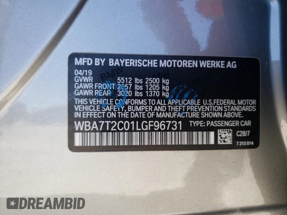 2020 BMW 7 Series 740i with VIN WBA7T2C01LGF96731, listed as a Copart auction lot 47431263 with 43,741 mi miles. Bid and sale history available at carsss.com. Image 13.