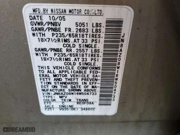 2006 Nissan Murano S with VIN JN8AZ08W16W504733, listed as a Copart auction lot 82445434 with 175,265 mi miles and Salvage Title. Bid and sale history available at carsss.com. Image 13.
