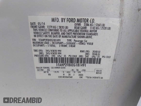 2014 Ford Taurus Limited with VIN 1FAHP2F8XEG181491, listed as a IAAI auction lot 40277144 with 107,374 mi miles. Bid and sale history available at carsss.com. Image 9.