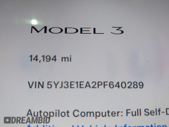 2023 Tesla Model 3 with VIN 5YJ3E1EA2PF640289, listed as a IAAI auction lot 42000200 with 14,194 mi miles and . Bid and sale history available at DreamBid. Image 16.