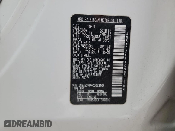2012 Nissan Quest S with VIN JN8AE2KPXC9033104, listed as a Copart auction lot 89113795 with 152,172 mi miles and Clean Title. Bid and sale history available at DreamBid. Image 13.