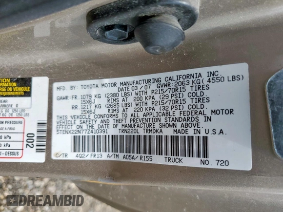 2007 Toyota Tacoma z VIN 5TENX22N77Z410391, wystawiony jako Copart lot #58591715 z przebiegiem 125 095 mil mil oraz Szkoda całkowita • Salvage title. Historia ofert i sprzedaży dostępna na DreamBid. Obrazek 12.