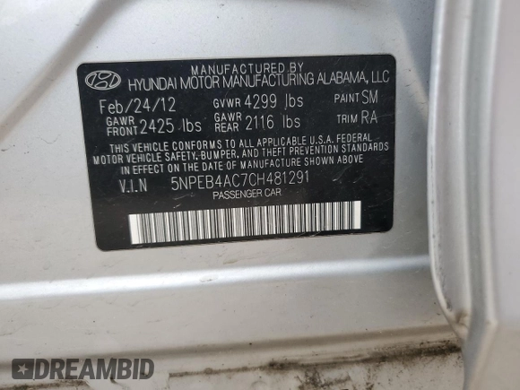 2012 Hyundai Sonata GLS with VIN 5NPEB4AC7CH481291, listed as a Copart auction lot 51923215 with 129,032 mi miles and Salvage Title. Bid and sale history available at carsss.com. Image 13.