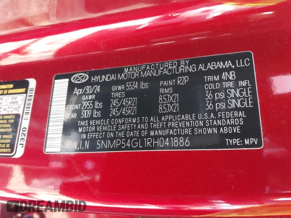 2024 Hyundai Santa Fe Calligraphy with VIN 5NMP54GL1RH041886, listed as a IAAI auction lot 41913393 with 3,344 mi miles and . Bid and sale history available at DreamBid. Image 9.