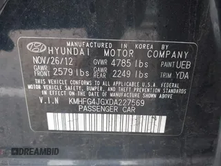 2013 Hyundai Azera with VIN KMHFG4JGXDA227569, listed as a IAAI auction lot 42384304 with 151,007 mi miles and . Bid and sale history available at DreamBid. Image 9.