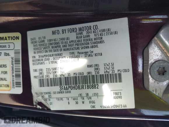 2018 Ford Fusion SE with VIN 3FA6P0HD8JR180882, listed as a IAAI auction lot 41816022 with 192,050 mi miles. Bid and sale history available at carsss.com. Image 9.