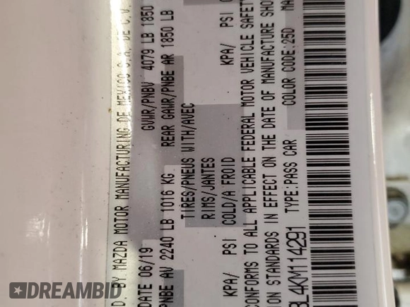 2019 Mazda 3 z VIN 3MZBPABL4KM114291, wystawiony jako Copart lot #57652945 z przebiegiem 148 644 mil mil oraz Szkoda całkowita • Salvage title. Historia ofert i sprzedaży dostępna na DreamBid. Obrazek 13.