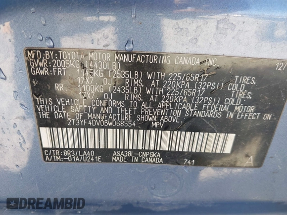 2011 Toyota RAV4 Ltd with VIN 2T3YF4DV0BW068554, listed as a IAAI auction lot 41582259 with 1 mi miles. Bid and sale history available at carsss.com. Image 9.