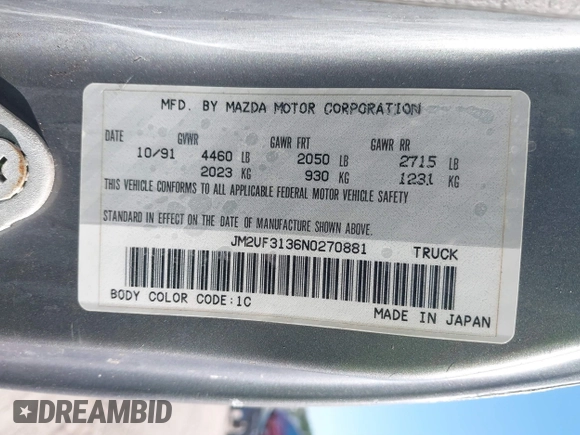 1992 Mazda B-Series Truck with VIN JM2UF3136N0270881, listed as a IAAI auction lot 41814384 with 202,785 mi miles and . Bid and sale history available at DreamBid. Image 9.