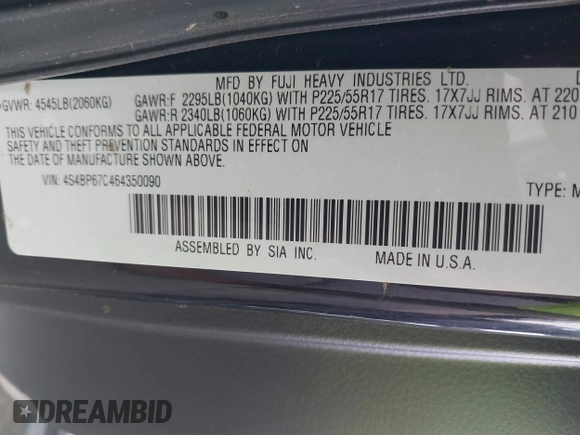 2006 Subaru Legacy Outback XT Limited with VIN 4S4BP67C464350090, listed as a IAAI auction lot 41677357 with 194,228 mi miles and . Bid and sale history available at DreamBid. Image 12.