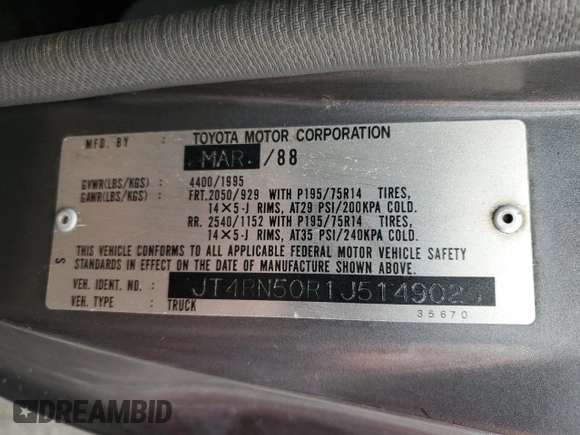 1988 Toyota Pickup z VIN JT4RN50R1J5149025, wystawiony jako Copart lot #41651215 z przebiegiem 263 997 mil mil oraz Szkoda całkowita • Salvage title. Historia ofert i sprzedaży dostępna na DreamBid. Obrazek 14.