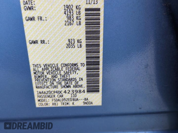 2013 Nissan LEAF SL with VIN 1N4AZ0CP4DC423984, listed as a Copart auction lot 52633125 with 61,229 mi miles and Salvage Title. Bid and sale history available at DreamBid. Image 12.
