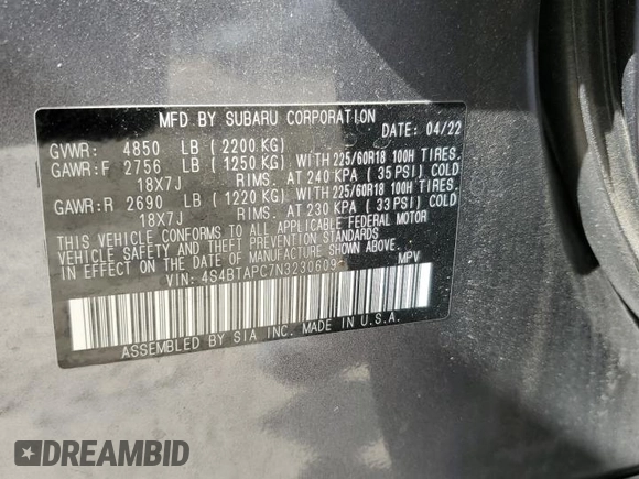 2022 Subaru Outback Touring with VIN 4S4BTAPC7N3230609, listed as a Copart auction lot 64469905 with 22,007 mi miles and Salvage title. Bid and sale history available at DreamBid. Image 13.