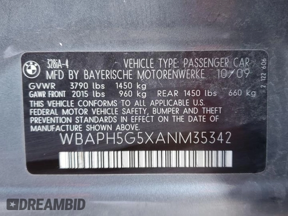 2010 BMW 3 Series 328i with VIN WBAPH5G5XANM35342, listed as a Copart auction lot 88253435 with 139,301 mi miles and Salvage Title. Bid and sale history available at DreamBid. Image 12.