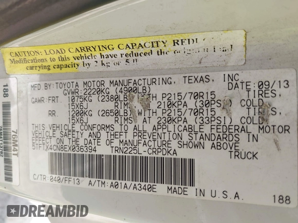 2014 Toyota Tacoma with VIN 5TFTX4CN8EX036394, listed as a IAAI auction lot 42306881 with 256,655 mi miles and . Bid and sale history available at DreamBid. Image 9.