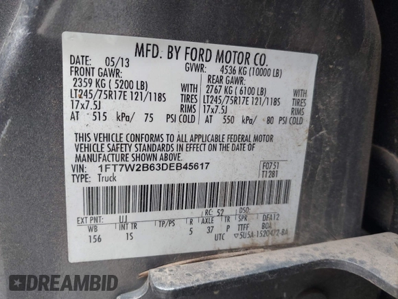 2013 Ford F-250 XL with VIN 1FT7W2B63DEB45617, listed as a IAAI auction lot 41456174 with 222,027 mi miles and . Bid and sale history available at DreamBid. Image 9.