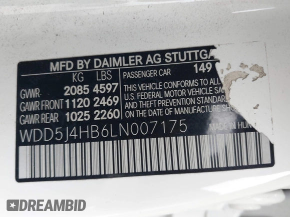 2020 Mercedes-Benz CLA with VIN WDD5J4HB6LN007175, listed as a IAAI auction lot 41480205 with 56,172 mi miles. Bid and sale history available at carsss.com. Image 9.
