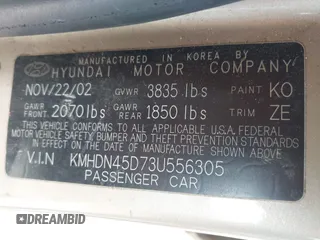 2003 Hyundai Elantra GLS z VIN KMHDN45D73U556305, wystawiony jako IAAI lot #42478211 z przebiegiem 149 648 mil mil oraz . Historia ofert i sprzedaży dostępna na DreamBid. Obrazek 9.