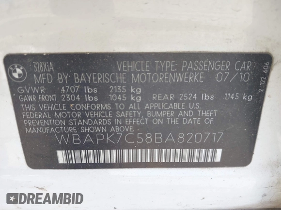 2011 BMW 3 Series 328i xDrive with VIN WBAPK7C58BA820717, listed as a IAAI auction lot 42080003 with 213,034 mi miles. Bid and sale history available at carsss.com. Image 9.