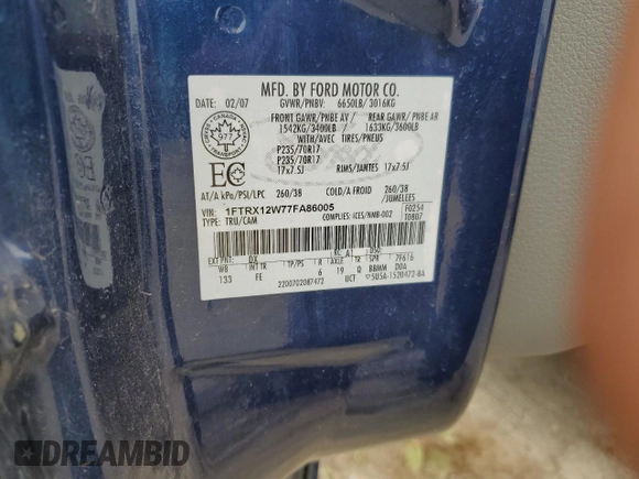 2007 Ford F-150 STX с VIN 1FTRX12W77FA86005, выставлен на аукционе Copart как лот 56883375 с пробегом 134 617 миль миль и Чистый • Clean title. История ставок и продаж доступна на DreamBid. Изображение 13.