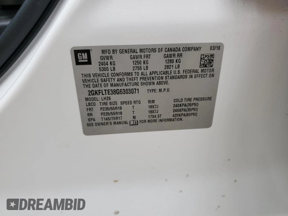 2016 GMC Terrain SLE with VIN 2GKFLTE38G6303071, listed as a Copart auction lot 51518595 with Not Provided miles and Clean Title. Bid and sale history available at DreamBid. Image 12.