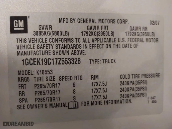 2007 Chevrolet Silverado 1500 LT w/1LT with VIN 1GCEK19C17Z553328, listed as a IAAI auction lot 41981500 with 145,800 mi miles. Bid and sale history available at carsss.com. Image 9.