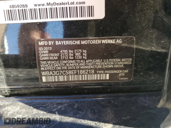 2014 BMW 3 Series 328i xDrive with VIN WBA3G7C58EF186218, listed as a Copart auction lot 85877584 with 109,619 mi miles and Salvage Title. Bid and sale history available at carsss.com. Image 14.