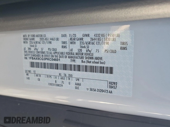 2023 Ford Transit Passenger XL с VIN 1FBAX9CG3PKC04601, выставлен на аукционе IAAI как лот 42667371 с пробегом 11 903 миль миль и . История ставок и продаж доступна на DreamBid. Изображение 42.