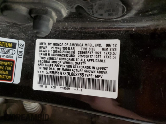 2013 Honda CR-V EX-L z VIN 5J6RM4H72DL002285, wystawiony jako Copart lot #55939585 z przebiegiem 163 350 mil mil oraz Szkoda całkowita • Salvage title. Historia ofert i sprzedaży dostępna na DreamBid. Obrazek 14.