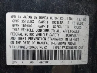 2010 Honda Fit with VIN JHMGE8H28AC014392, listed as a IAAI auction lot 41639302 with 147,433 mi miles. Bid and sale history available at carsss.com. Image 9.
