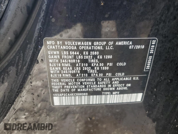 2019 Volkswagen Atlas S с VIN 1V2AP2CA4KC586363, выставлен на аукционе Copart как лот 79926614 с пробегом Не указан миль и Списание • Salvage title. История ставок и продаж доступна на DreamBid. Изображение 13.