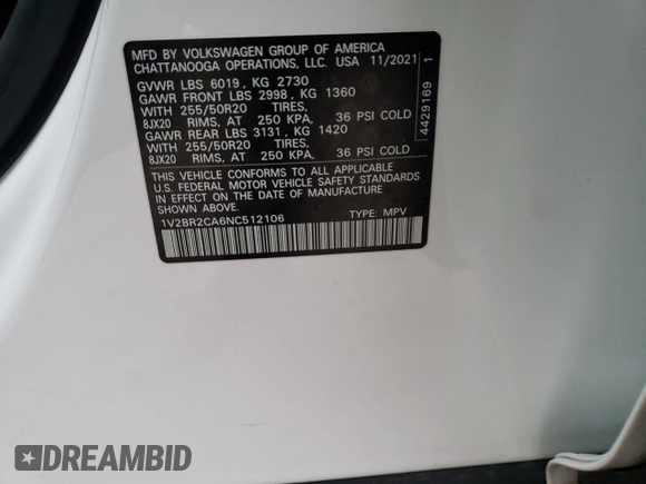 2022 Volkswagen Atlas SEL with VIN 1V2BR2CA6NC512106, listed as a Copart auction lot 85214154 with 53,931 mi miles and Salvage title. Bid and sale history available at DreamBid. Image 16.