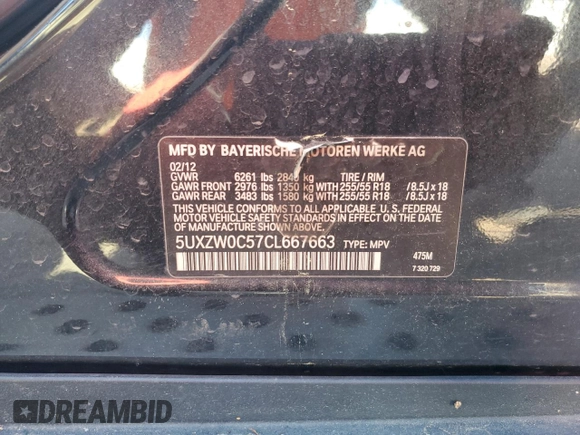 2012 BMW X5 35d with VIN 5UXZW0C57CL667663, listed as a Copart auction lot 63496695 with 116,218 mi miles and Clean title. Bid and sale history available at DreamBid. Image 13.