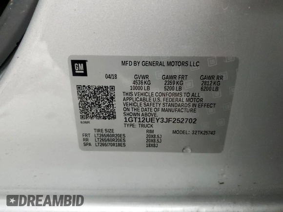 2018 GMC Sierra 2500HD Denali z VIN 1GT12UEY3JF252702, wystawiony jako Copart lot #55387655 z przebiegiem 75 059 mil mil oraz Szkody całkowita. Historia ofert i sprzedaży dostępna na DreamBid. Obrazek 12.