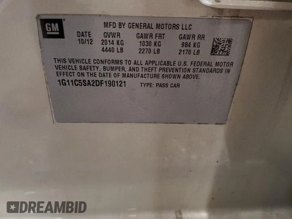 2013 Chevrolet Malibu LT with VIN 1G11C5SA2DF190121, listed as a Copart auction lot 55568935 with 121,613 mi miles and Salvage Title. Bid and sale history available at DreamBid. Image 12.