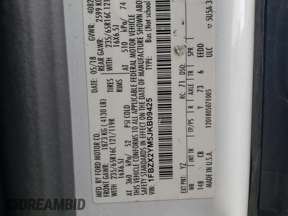 2018 Ford Transit Passenger XL with VIN 1FBZX2YM5JKB09425, listed as a Copart auction lot 54478675 with 147,801 mi miles and Salvage Title. Bid and sale history available at carsss.com. Image 13.