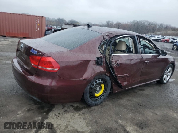 2013 Volkswagen Passat SE w/Sunroof with VIN 1VWBP7A31DC057251, listed as a Copart auction lot 51686445 with 107,792 mi miles and Salvage Title. Bid and sale history available at carsss.com. Image 3.