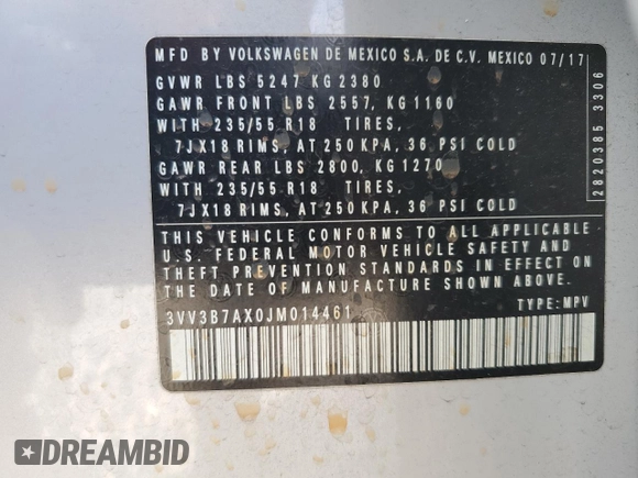2018 Volkswagen Tiguan SEL with VIN 3VV3B7AX0JM014461, listed as a Copart auction lot 49785725 with 124,868 mi miles and Salvage Title. Bid and sale history available at DreamBid. Image 12.