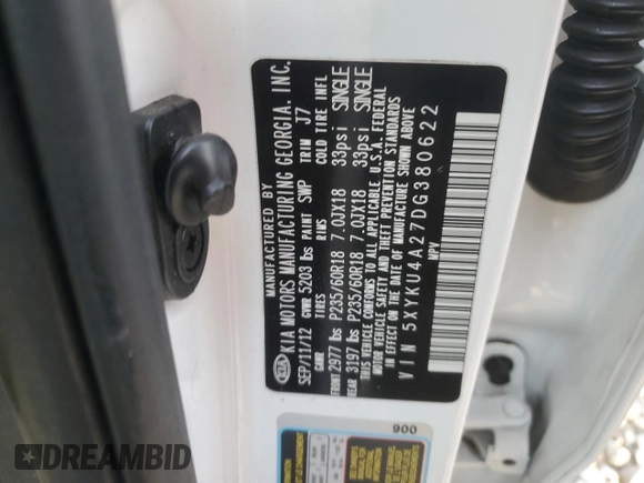 2013 Kia Sorento EX with VIN 5XYKU4A27DG380622, listed as a Copart auction lot 87176104 with Not Provided miles and Salvage Title. Bid and sale history available at carsss.com. Image 15.