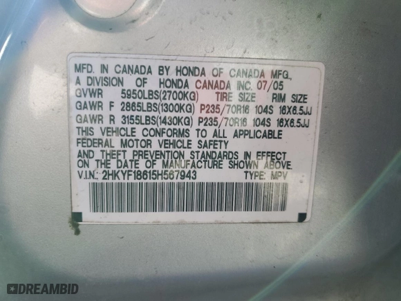 2005 Honda Pilot EX-L with RES with VIN 2HKYF18615H567943, listed as a Copart auction lot 47863945 with 393,058 mi miles and Non Repairable. Bid and sale history available at carsss.com. Image 13.